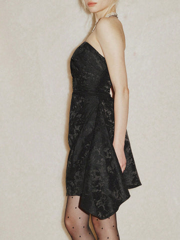 Women Elegant Jacquard Bandeau Strapless Ruched Waistline Mini Dress