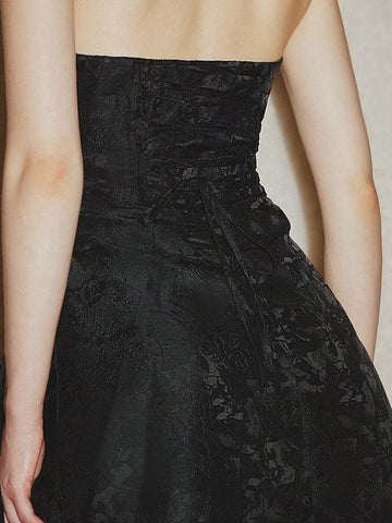 Women Elegant Jacquard Bandeau Strapless Ruched Waistline Mini Dress