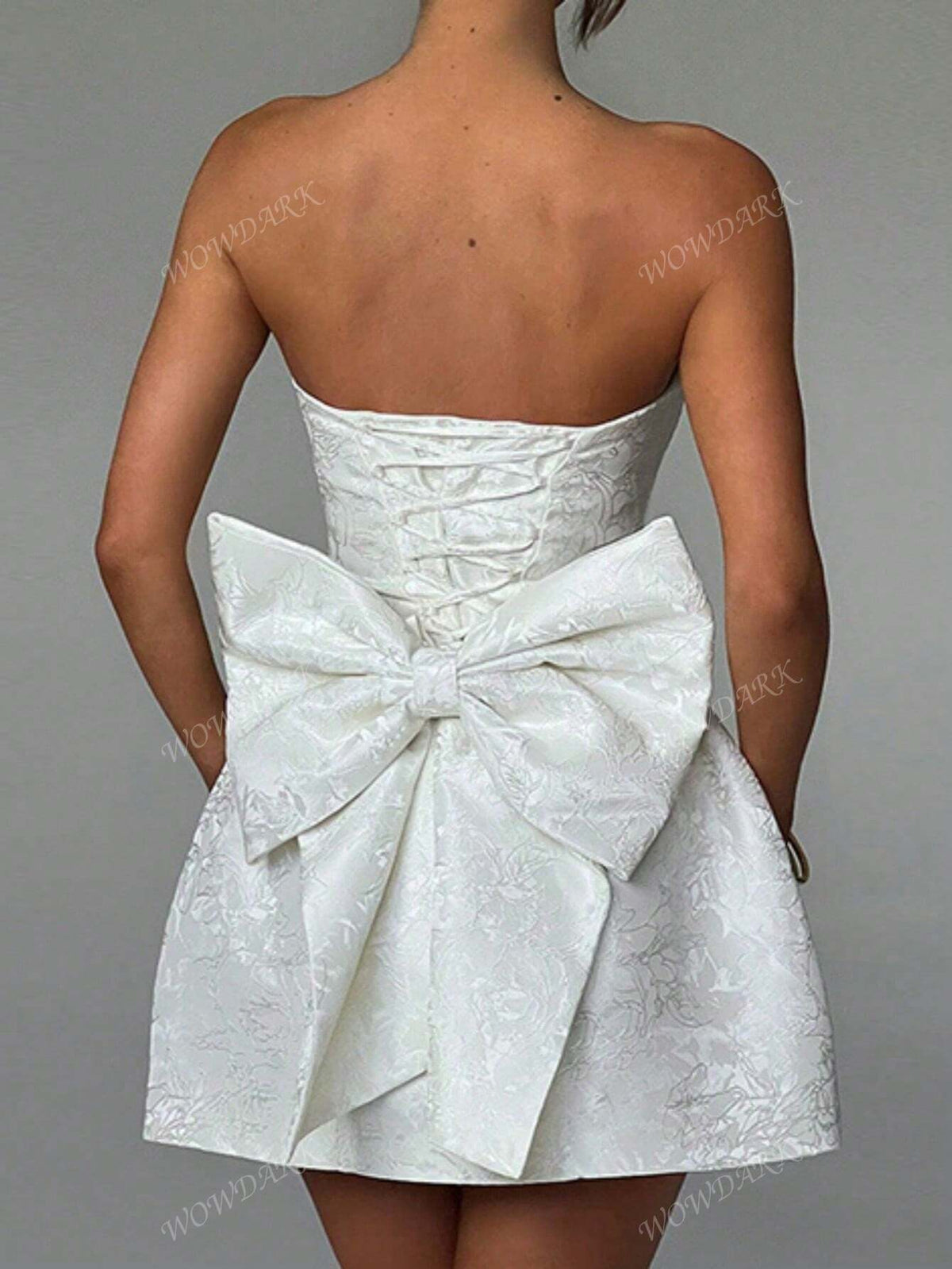 Women Elegant Jacquard Strapless Bow Decor Mini Dress