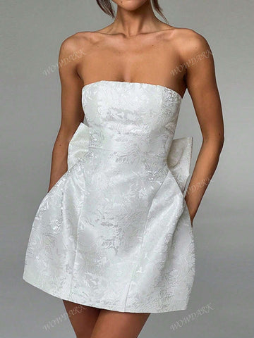 Women Elegant Jacquard Strapless Bow Decor Mini Dress