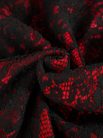 Women Elegant Lace Dress With Round Neckline, Sleeveless, Waist Belted And Flared Skirt