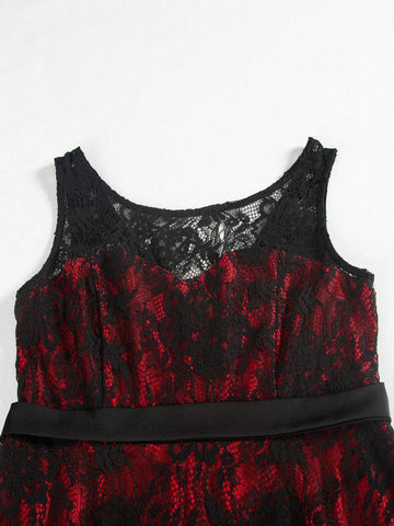 Women Elegant Lace Dress With Round Neckline, Sleeveless, Waist Belted And Flared Skirt