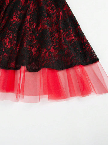 Women Elegant Lace Dress With Round Neckline, Sleeveless, Waist Belted And Flared Skirt