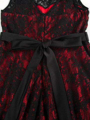 Women Elegant Lace Dress With Round Neckline, Sleeveless, Waist Belted And Flared Skirt