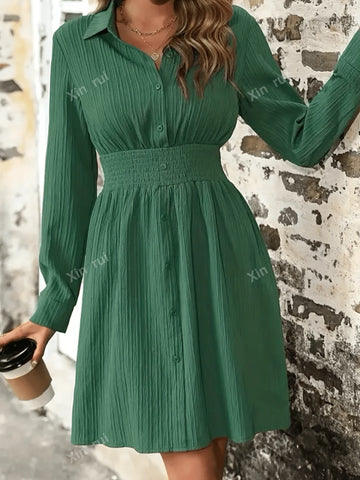 Women Elegant Long Sleeve Ruched Waist Dress, Suitable For Spring And Autumn