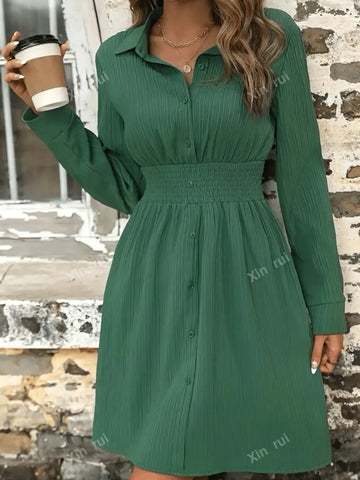 Women Elegant Long Sleeve Ruched Waist Dress, Suitable For Spring And Autumn