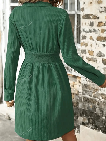 Women Elegant Long Sleeve Ruched Waist Dress, Suitable For Spring And Autumn