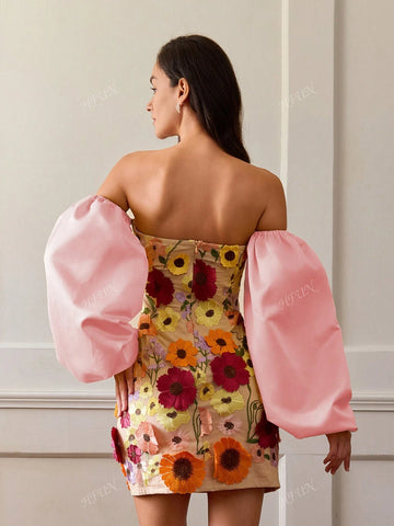 Women Elegant Luxury Embroidered Floral Open Shoulder Puff Sleeve Dress
