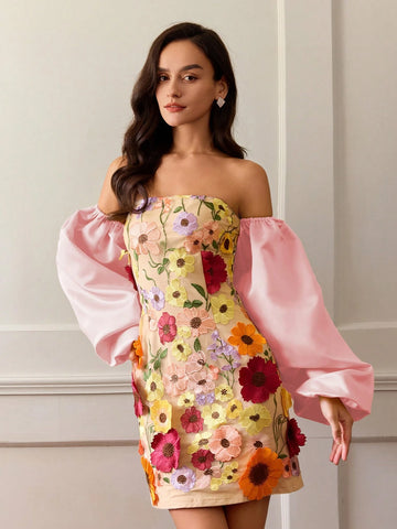 Women Elegant Luxury Embroidered Floral Open Shoulder Puff Sleeve Dress