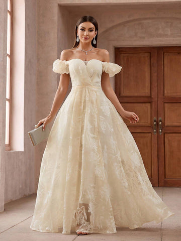 Women Elegant Off Shoulder Jacquard Floral Embellished Waist-Belted Slit Maxi Bridesmaid Dress