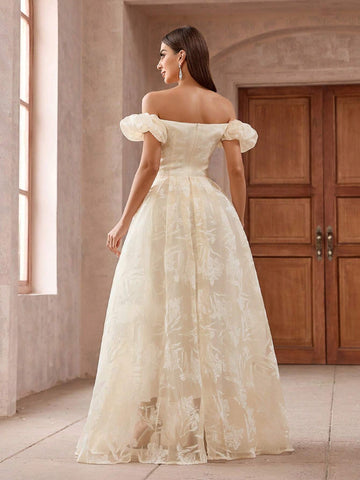 Women Elegant Off Shoulder Jacquard Floral Embellished Waist-Belted Slit Maxi Bridesmaid Dress