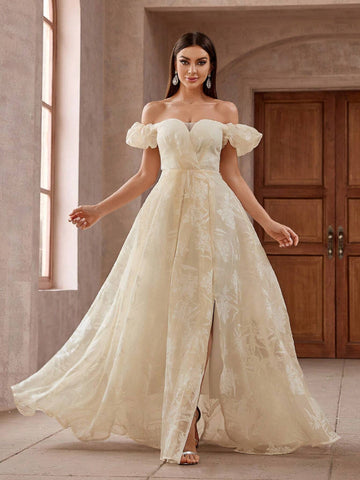 Women Elegant Off Shoulder Jacquard Floral Embellished Waist-Belted Slit Maxi Bridesmaid Dress