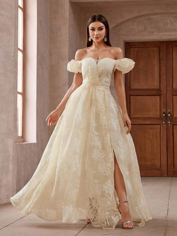 Women Elegant Off Shoulder Jacquard Floral Embellished Waist-Belted Slit Maxi Bridesmaid Dress