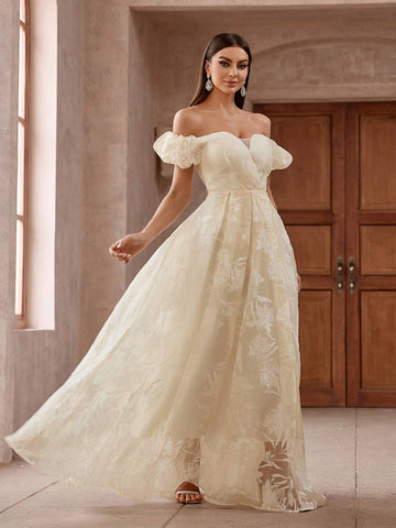 Women Elegant Off Shoulder Jacquard Floral Embellished Waist-Belted Slit Maxi Bridesmaid Dress