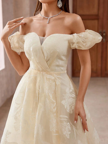 Women Elegant Off Shoulder Jacquard Floral Embellished Waist-Belted Slit Maxi Bridesmaid Dress