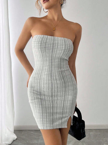 Women Elegant, Party, Teens Sexy, Plaid Strapless Bodycon Dress