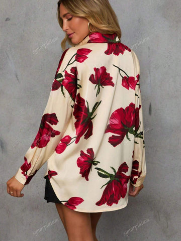 Women Elegant Red Floral Print Long Sleeve Blouse