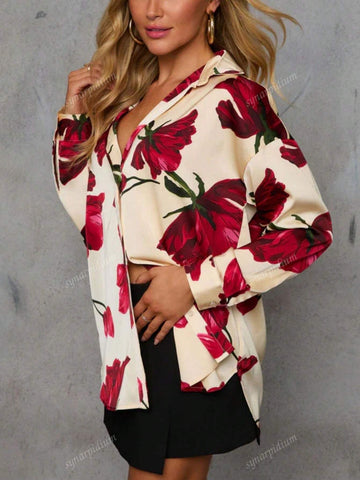 Women Elegant Red Floral Print Long Sleeve Blouse