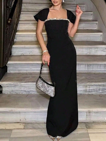 Women Elegant Rhinestone Embellished Square Neck Bandage Evening Gown