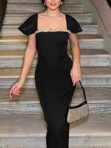 Women Elegant Rhinestone Embellished Square Neck Bandage Evening Gown