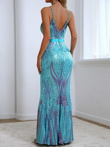 Women Elegant Sequin V-Neck Spaghetti Strap Fishtail Evening Party Dress