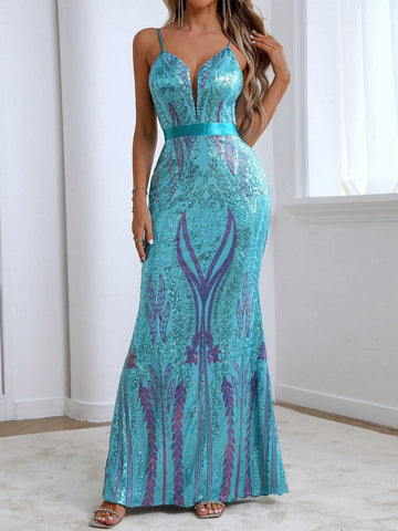 Women Elegant Sequin V-Neck Spaghetti Strap Fishtail Evening Party Dress