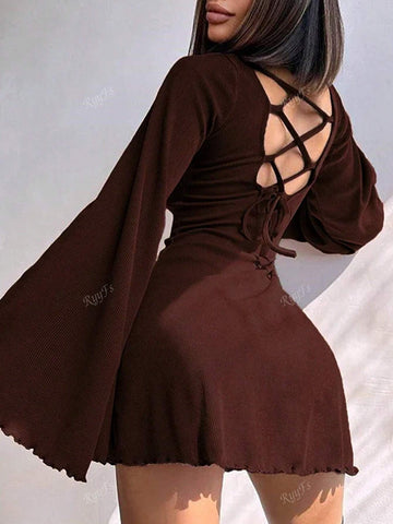 Women Elegant Sexy Fitted Backless Lace-Up Round Neck A-Line Flared Sleeve Bodycon Midi Dress