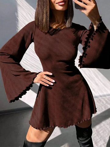 Women Elegant Sexy Fitted Backless Lace-Up Round Neck A-Line Flared Sleeve Bodycon Midi Dress