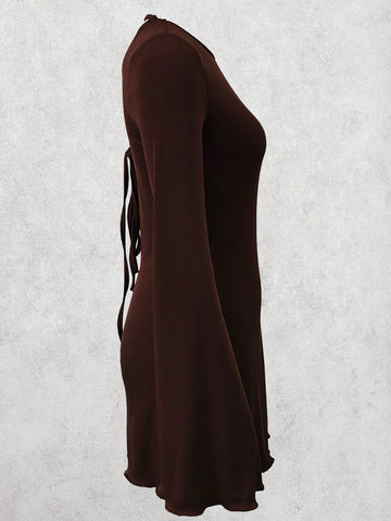 Women Elegant Sexy Fitted Backless Lace-Up Round Neck A-Line Flared Sleeve Bodycon Midi Dress