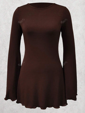 Women Elegant Sexy Fitted Backless Lace-Up Round Neck A-Line Flared Sleeve Bodycon Midi Dress