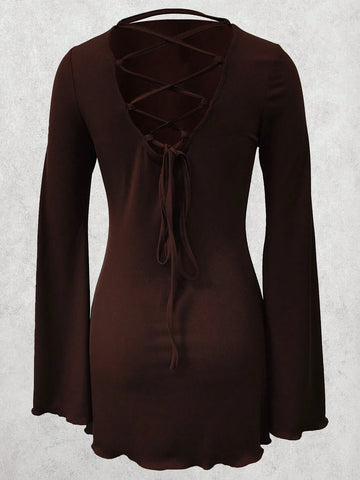 Women Elegant Sexy Fitted Backless Lace-Up Round Neck A-Line Flared Sleeve Bodycon Midi Dress