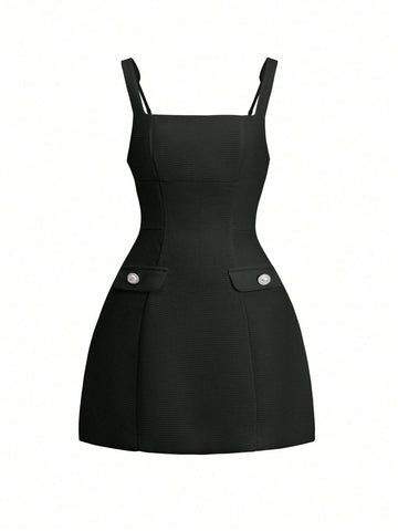 Women Elegant Solid Color Fake Pocket Square Neck Sleeveless Mini Dress