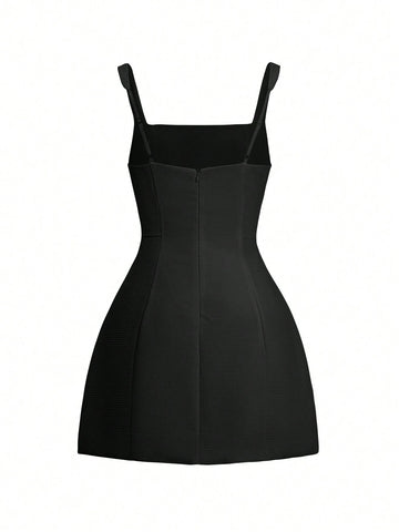 Women Elegant Solid Color Fake Pocket Square Neck Sleeveless Mini Dress