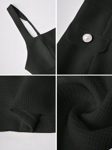 Women Elegant Solid Color Fake Pocket Square Neck Sleeveless Mini Dress