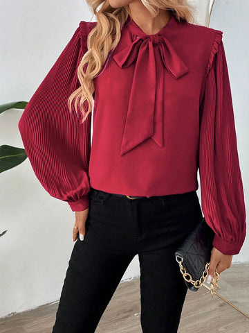 Women Elegant Solid Color Pleated Lantern Sleeve Tie Neck Blouse