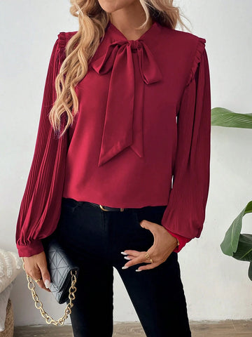 Women Elegant Solid Color Pleated Lantern Sleeve Tie Neck Blouse