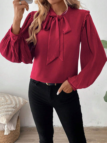 Women Elegant Solid Color Pleated Lantern Sleeve Tie Neck Blouse