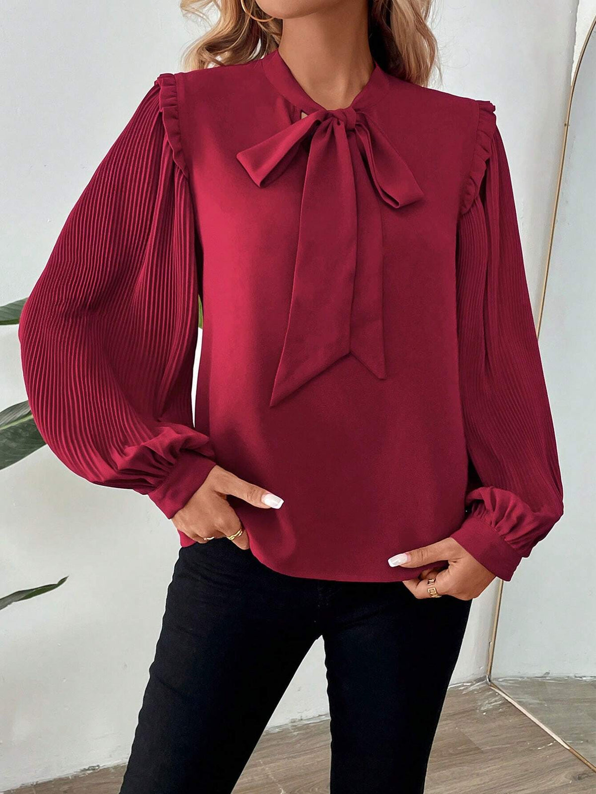 Women Elegant Solid Color Pleated Lantern Sleeve Tie Neck Blouse