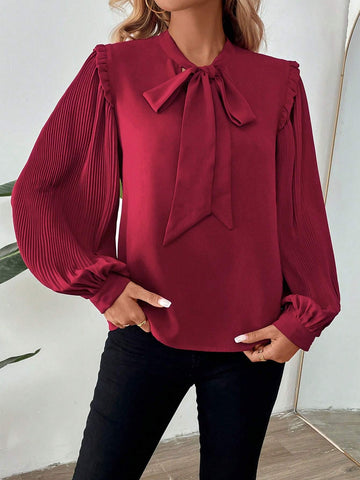 Women Elegant Solid Color Pleated Lantern Sleeve Tie Neck Blouse