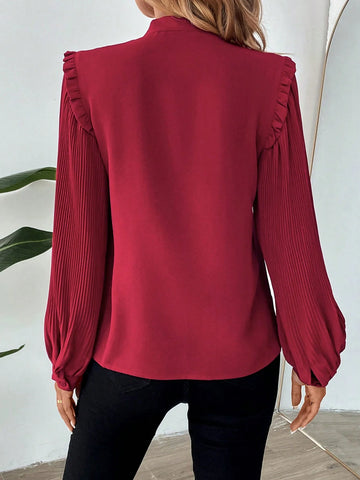 Women Elegant Solid Color Pleated Lantern Sleeve Tie Neck Blouse