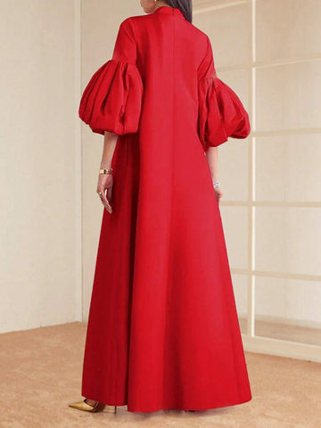 Women Elegant Solid Colored Mandarin Collar Lantern Sleeve Long Formal Dress