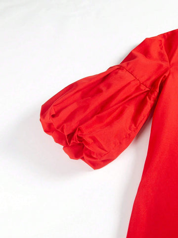 Women Elegant Solid Colored Mandarin Collar Lantern Sleeve Long Formal Dress