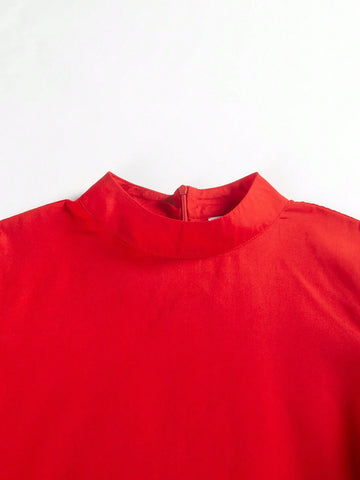 Women Elegant Solid Colored Mandarin Collar Lantern Sleeve Long Formal Dress