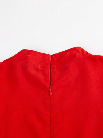 Women Elegant Solid Colored Mandarin Collar Lantern Sleeve Long Formal Dress