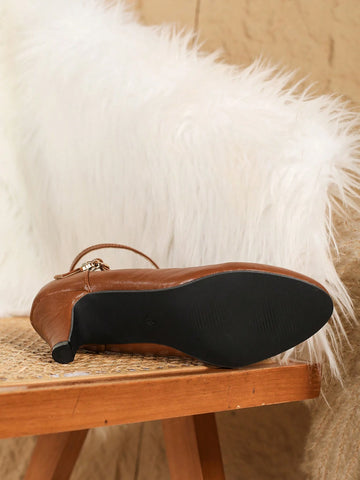Women Elegant Thick Heel Shoes, Solid Color Criss-Cross Strap Buckle High Heels, Versatile Work Formal Shoes
