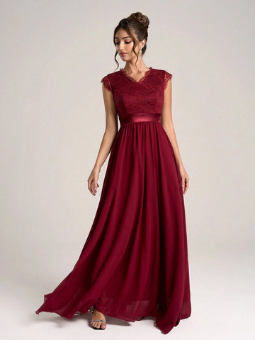 Women Elegant V-Neck Contrast Lace Ruched Minimalist Casual Long Bridesmaid Dress (Adult Size)