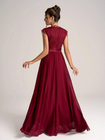 Women Elegant V-Neck Contrast Lace Ruched Minimalist Casual Long Bridesmaid Dress (Adult Size)