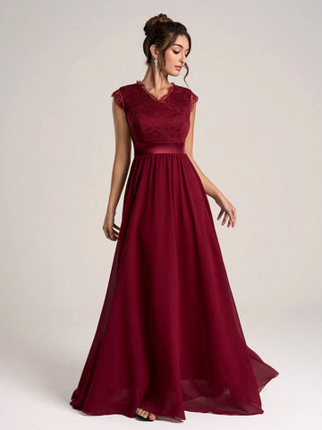 Women Elegant V-Neck Contrast Lace Ruched Minimalist Casual Long Bridesmaid Dress (Adult Size)