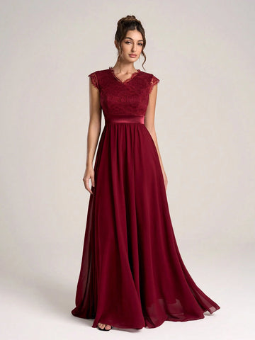 Women Elegant V-Neck Contrast Lace Ruched Minimalist Casual Long Bridesmaid Dress (Adult Size)