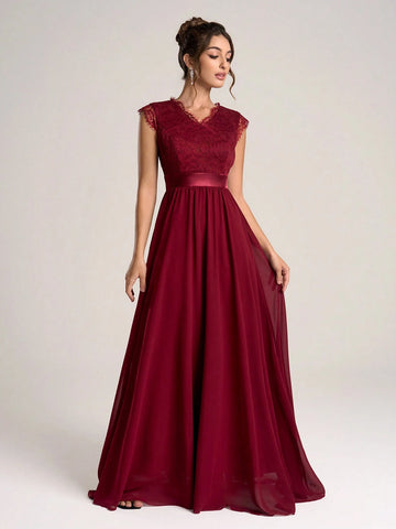 Women Elegant V-Neck Contrast Lace Ruched Minimalist Casual Long Bridesmaid Dress (Adult Size)